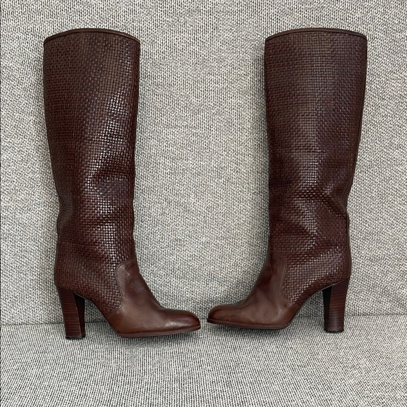 RAYLEY LTD. Shoes - Made In Spain for RAYLEY LTD. Woven Brown Heeled Boots with Chunky High Heels